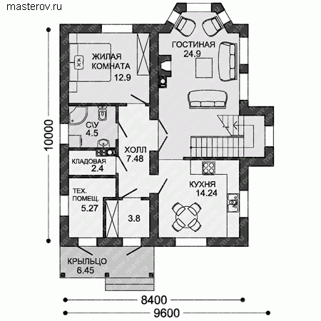 Двухэтажный коттедж, проект-чертежи № X-147-2P - 1-й этаж