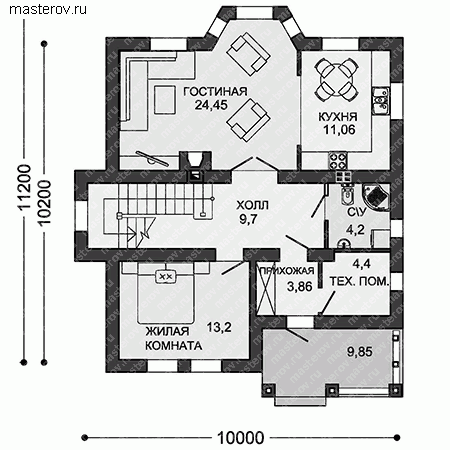 Проект дома 10 на 11 м № X-150-2P - 1-й этаж
