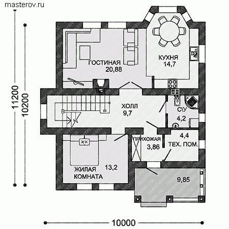 Рабочие чертежи: двухэтажный дом  № X-150-3P - 1-й этаж