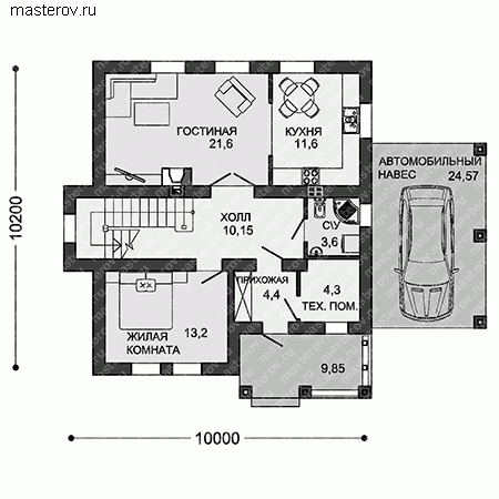 Чертежи частного дома с гаражом № X-150-4P - 1-й этаж