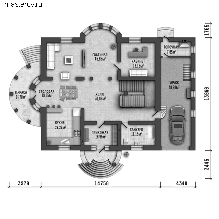 Проект кирпичного дома № Y-464-1K - 1-й этаж