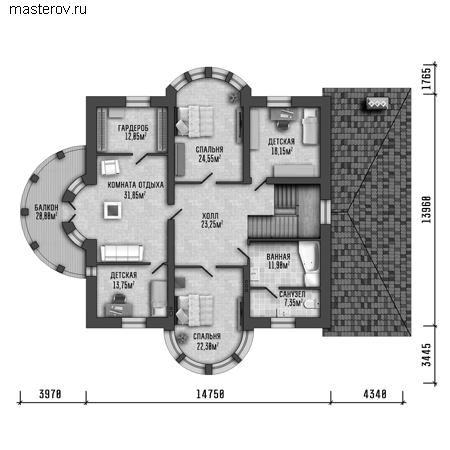 Проект кирпичного дома № Y-464-1K - 2-й этаж