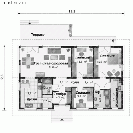 Проект пенобетонного дома № Z-119-1P - 1-й этаж